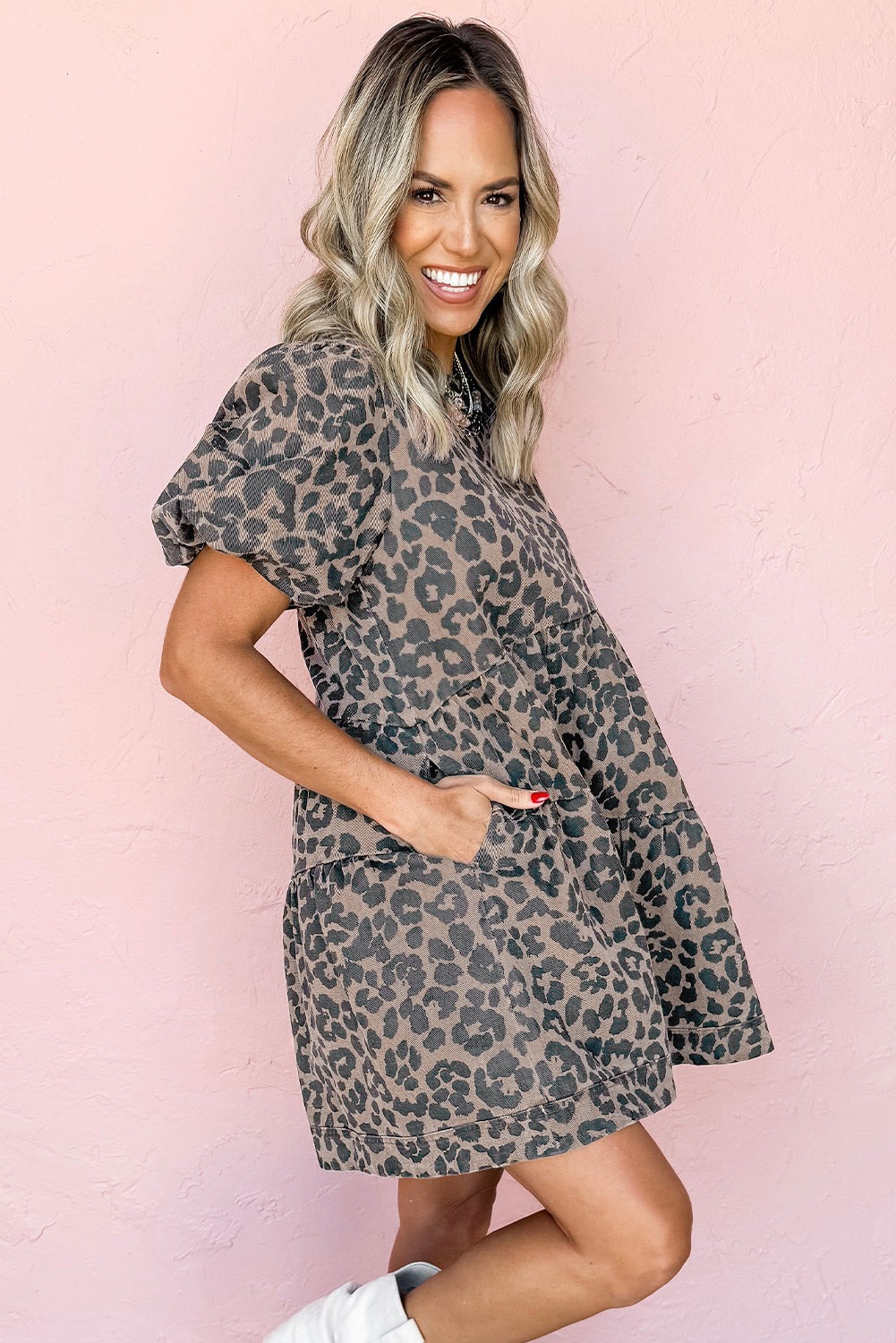 Denim Leopard Printed Short Puff Sleeve Mini Dress