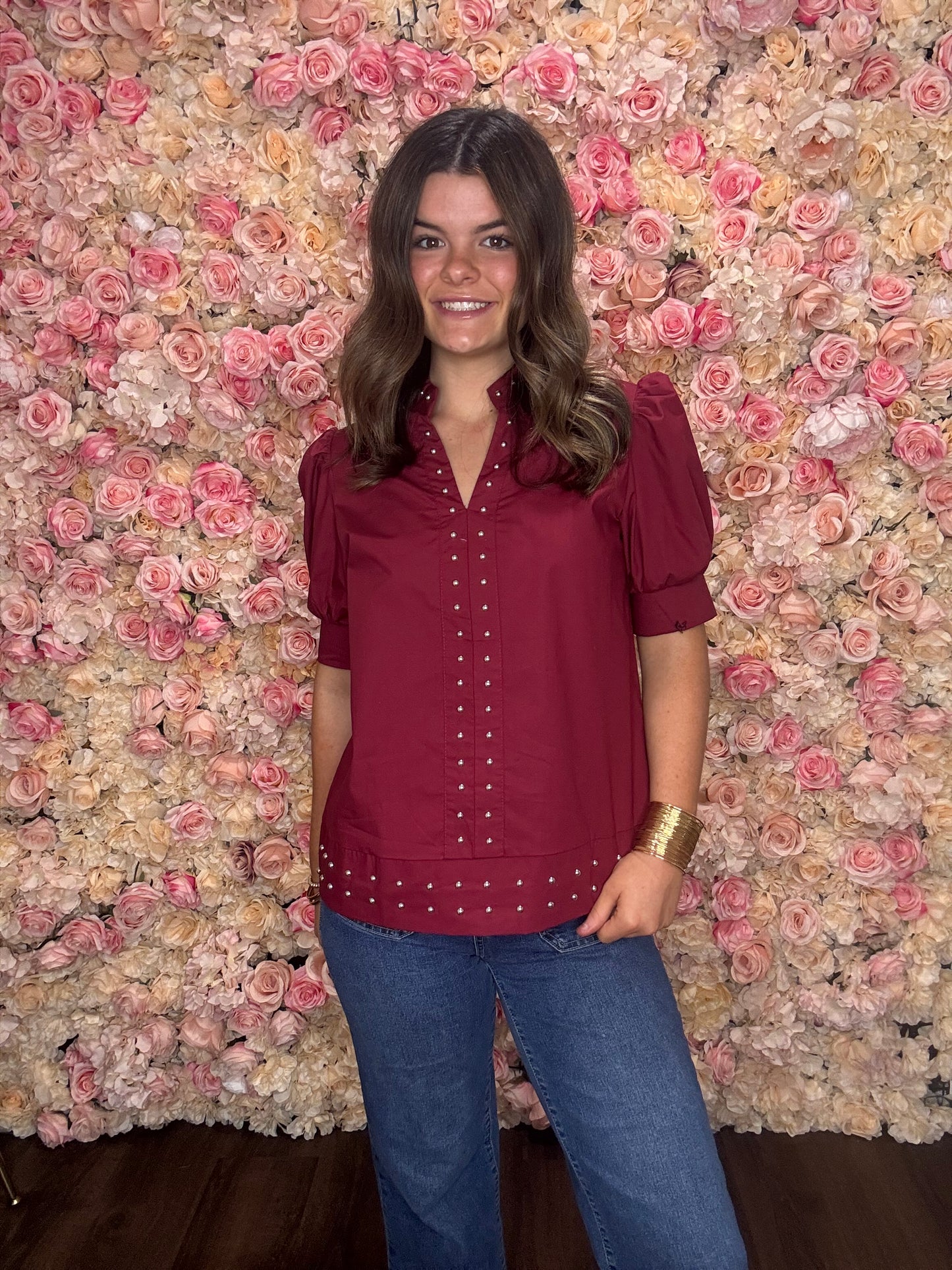 Burgundy Studded Puff Sleeve Blouse