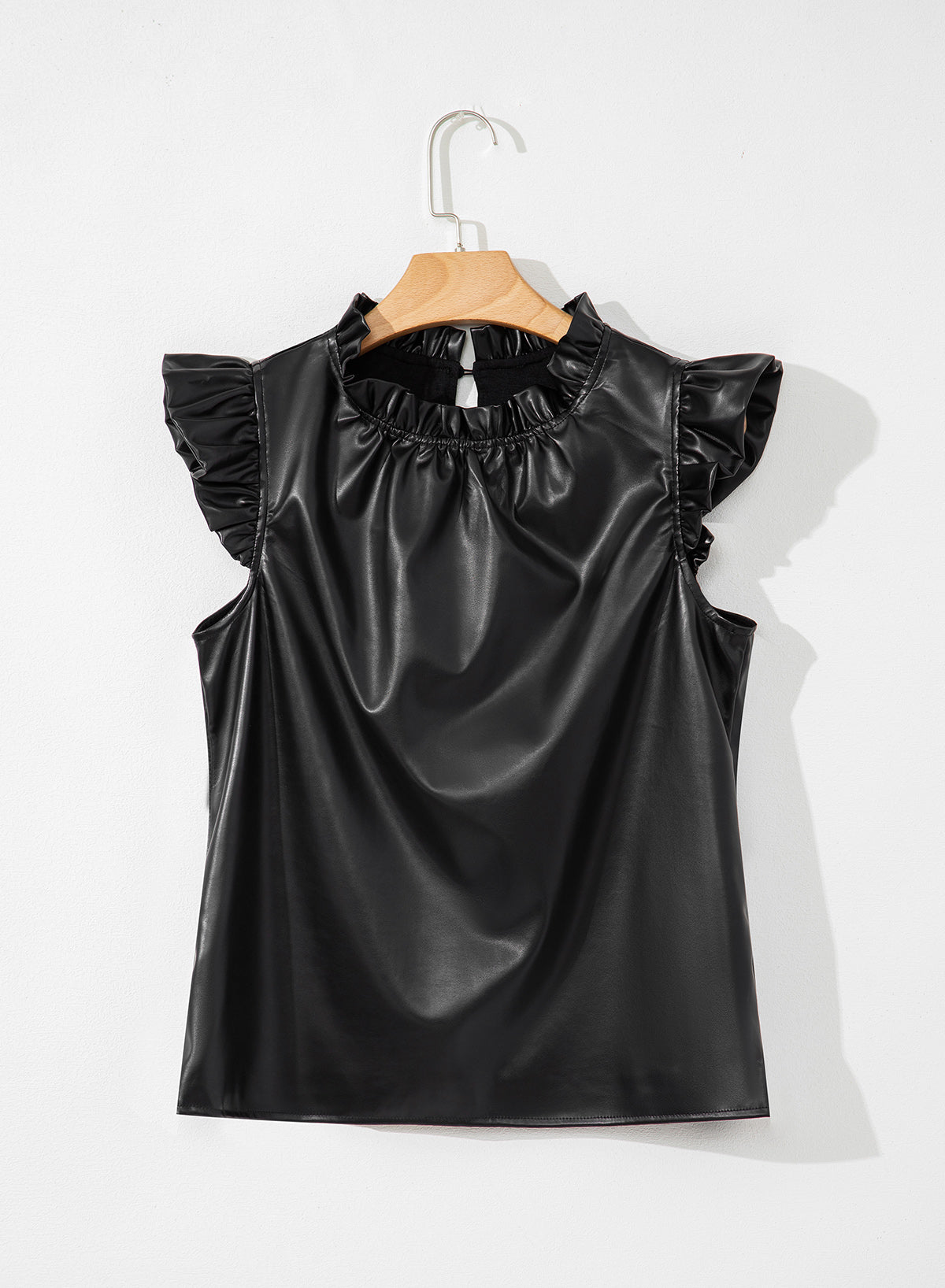 Black Leather Frilly Ruffle Trim Blouse
