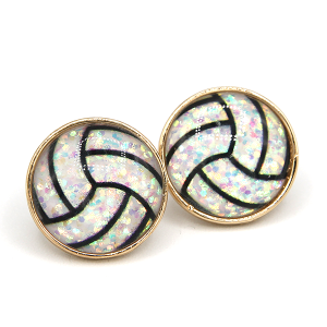 Round Gem Volleyball Glittery Gold Earrings