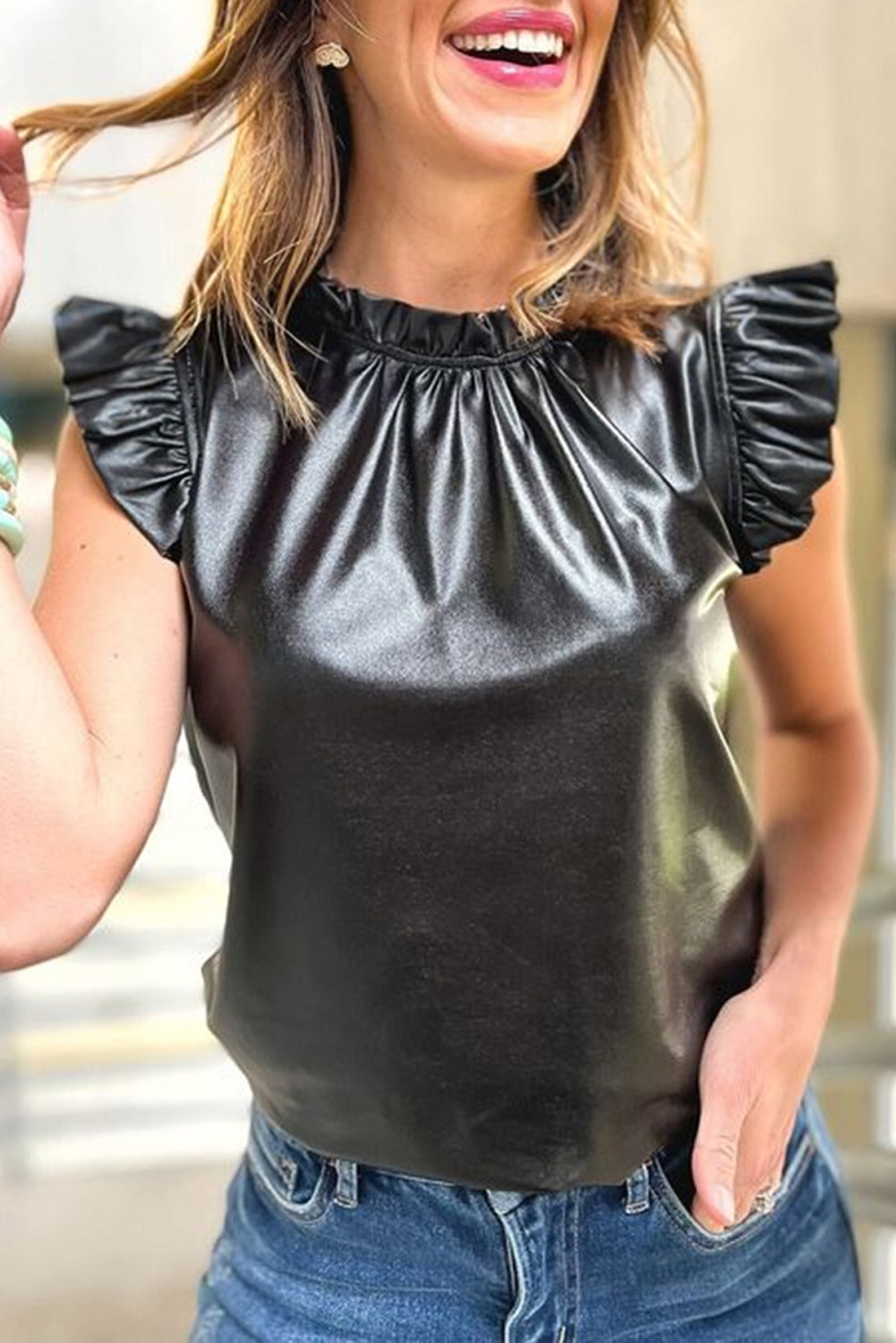 Black Leather Frilly Ruffle Trim Blouse