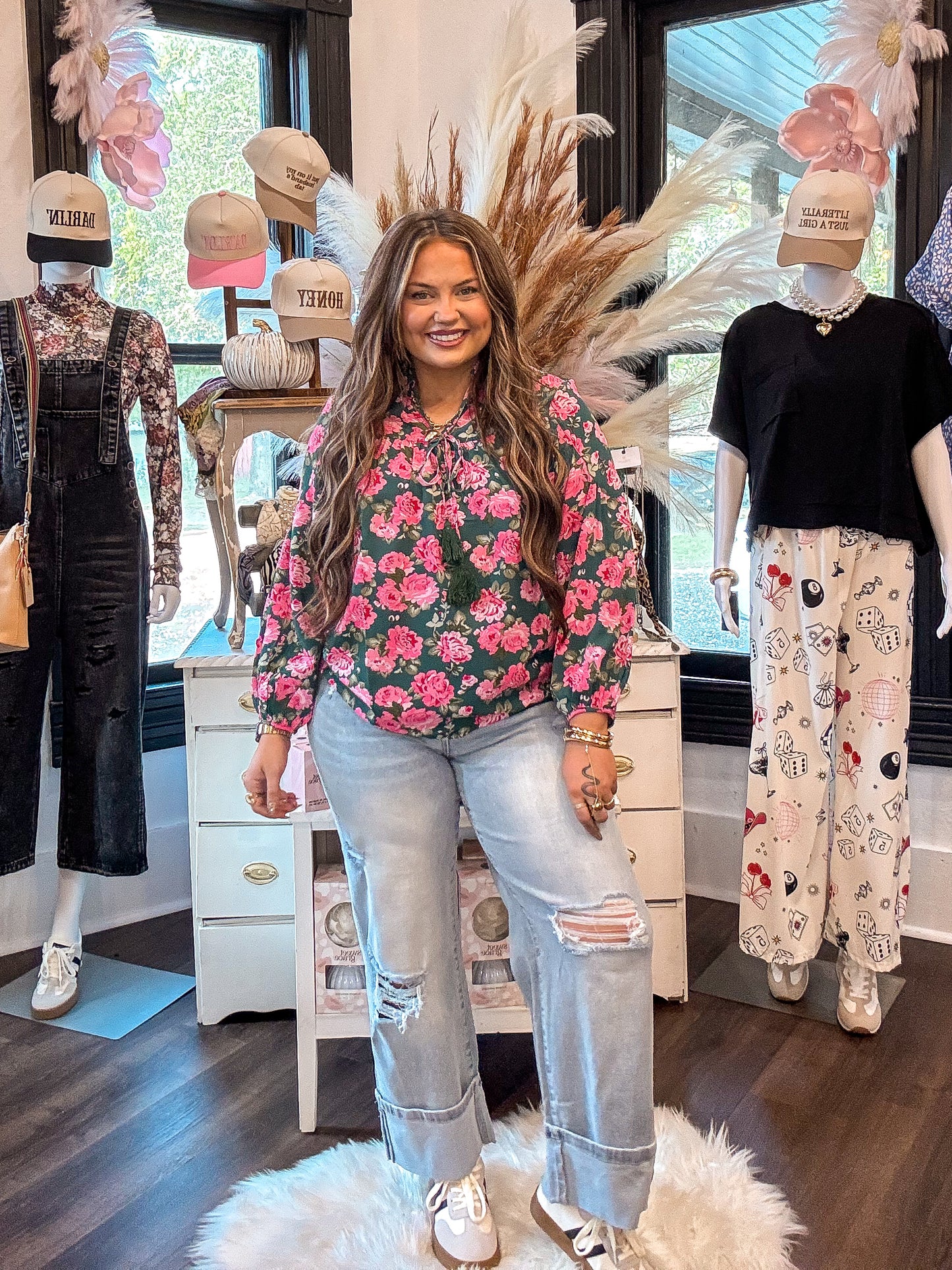 Green Floral Tied Collar Puff Sleeve Blouse