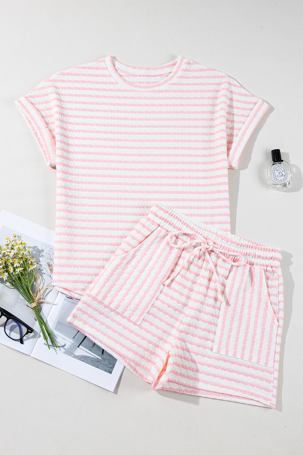 Pink Stripe Short Sleeve Top and Shorts Set