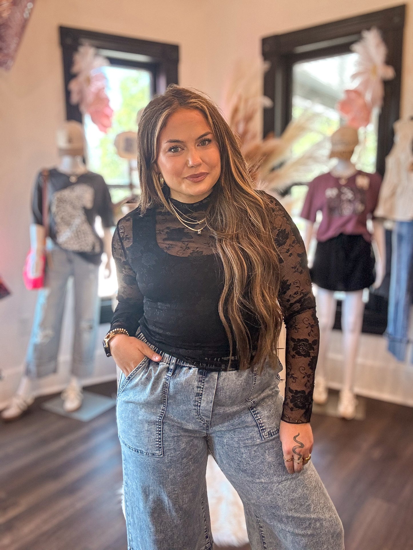 Floral Lace Long Sleeve Mesh Top