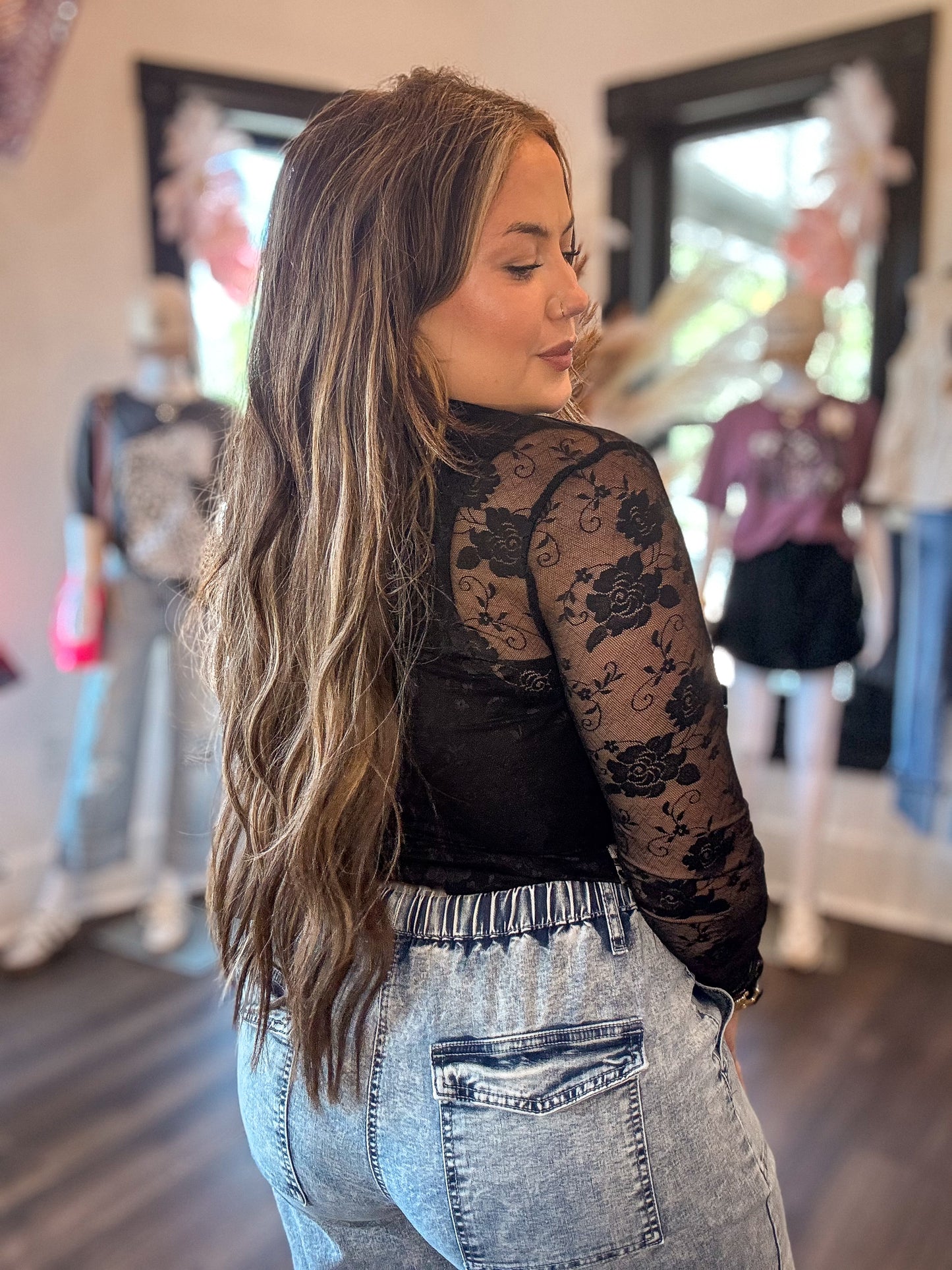 Floral Lace Long Sleeve Mesh Top