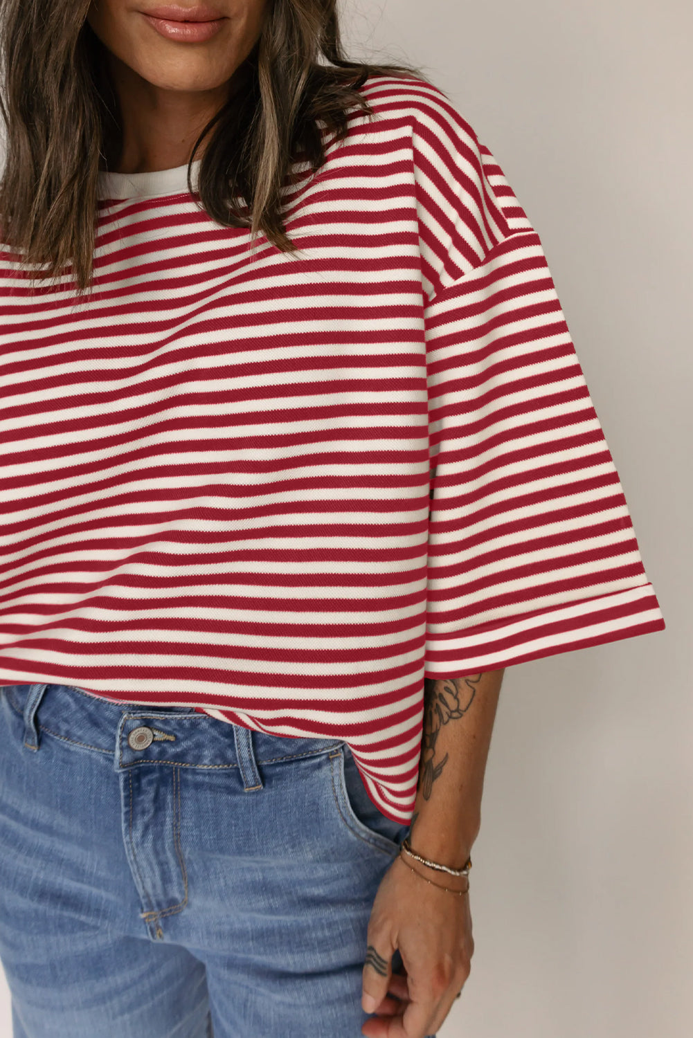 Red Stripe Bowknot Cutout Back Drop Shoulder Wide Sleeve Loose Tee