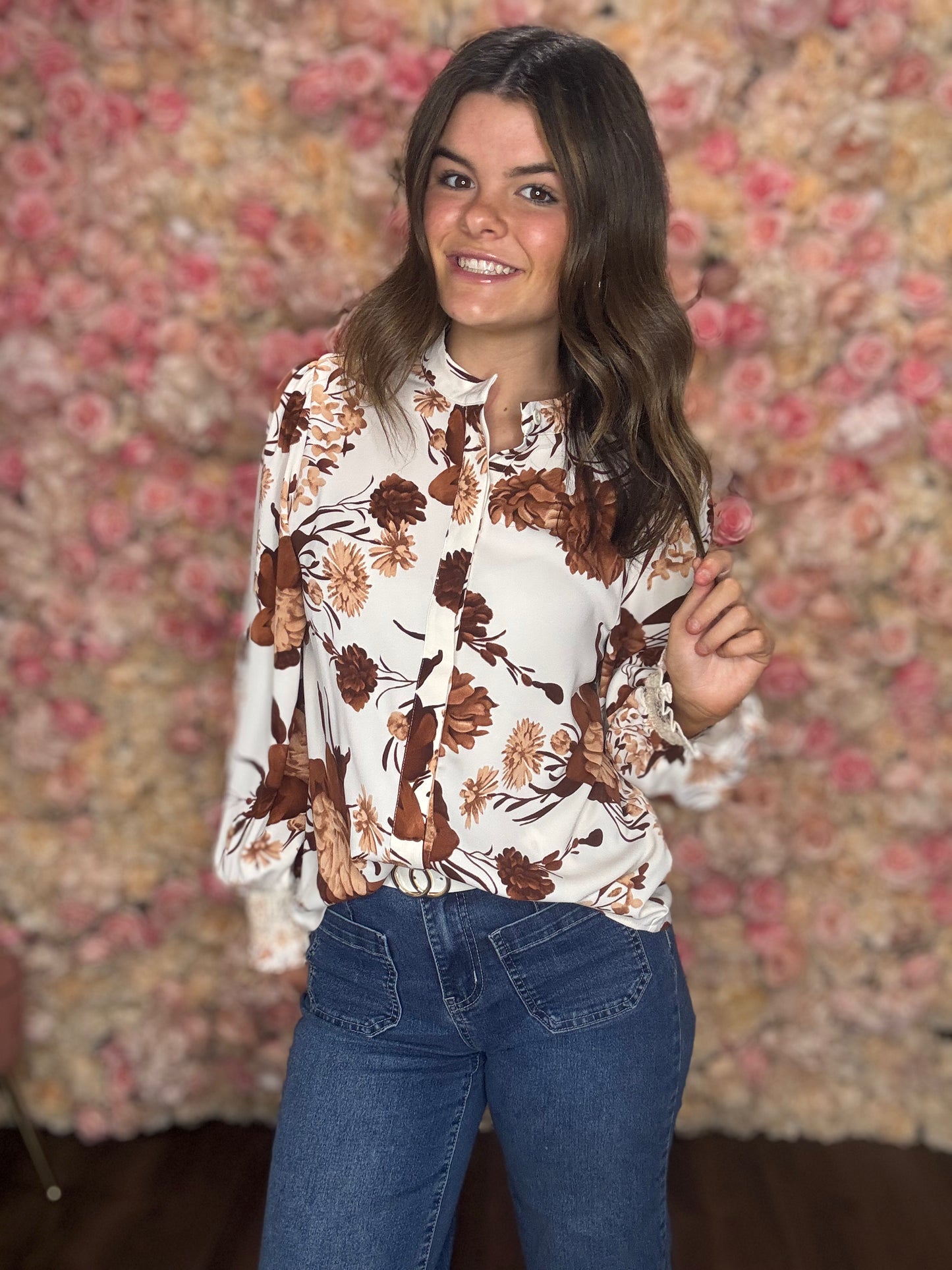 Brown Floral Poet Sleeve Blouse