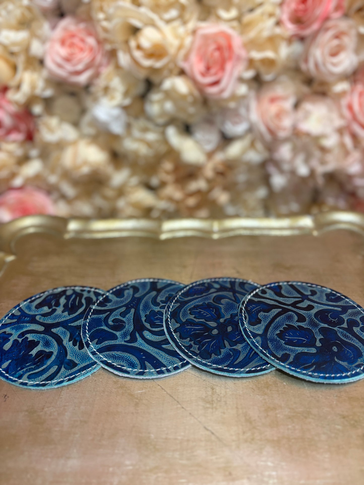 Midnight Bloom Tooled Leather Coasters