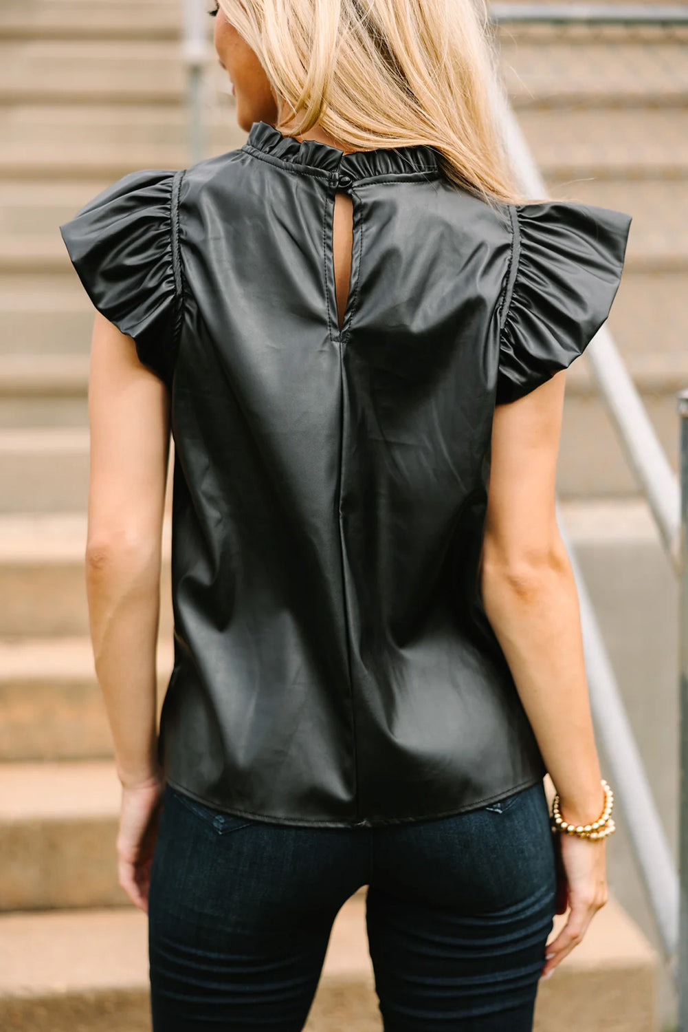 Black Leather Frilly Ruffle Trim Blouse