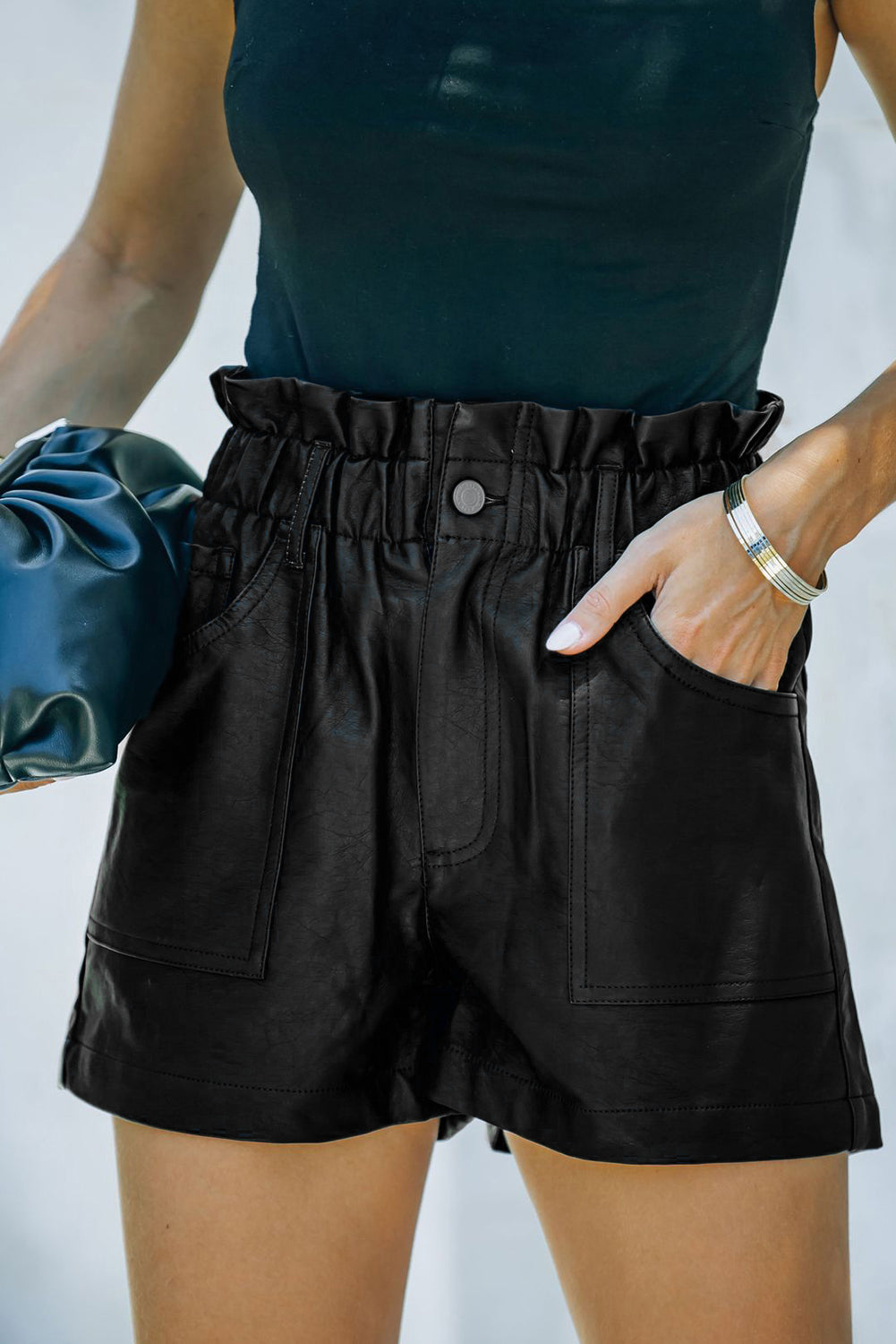 Black Leather Paper Bag Waist High Rise Shorts