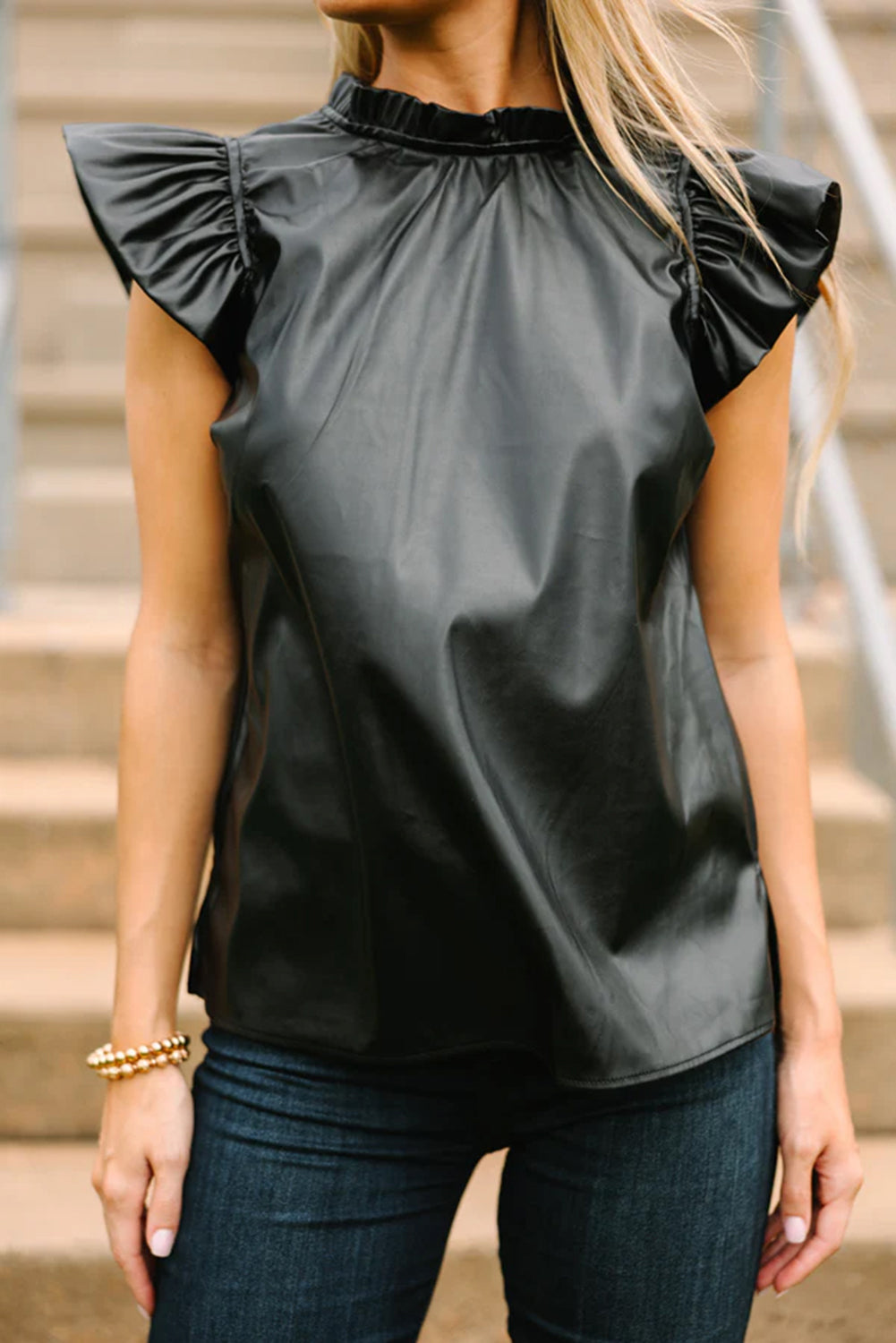 Black Leather Frilly Ruffle Trim Blouse