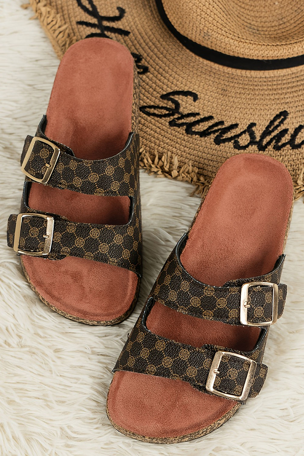 Coffee Geometric Print Leather Flat Sandals