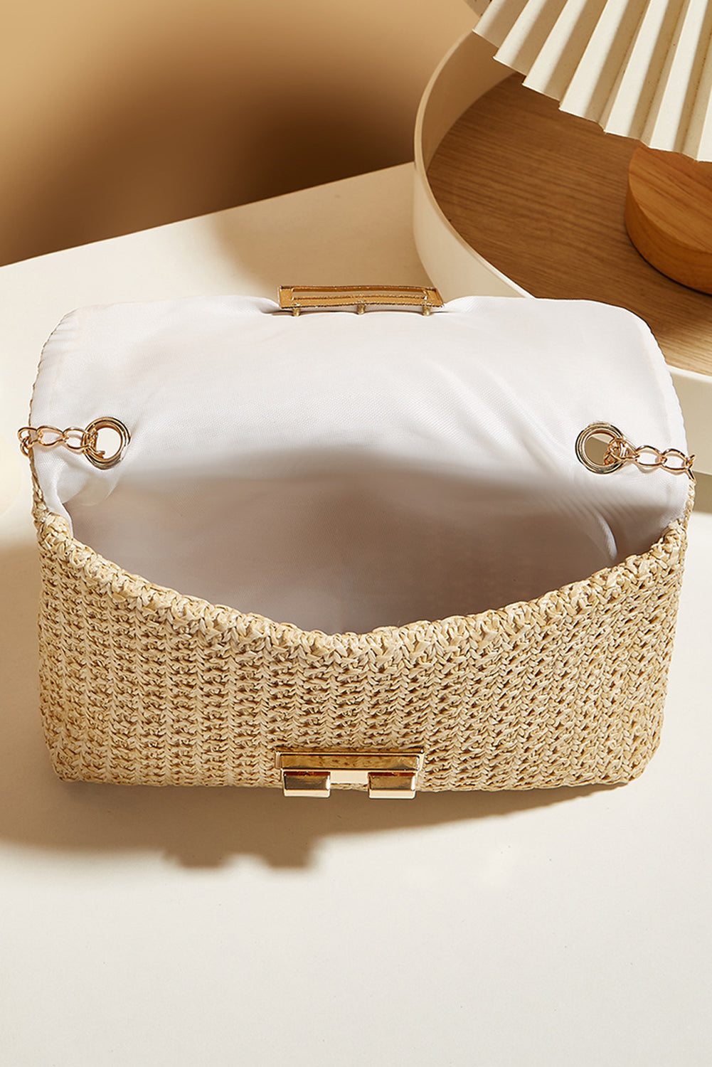 Camel Woven Chain Strap Flap Shoulder Bag