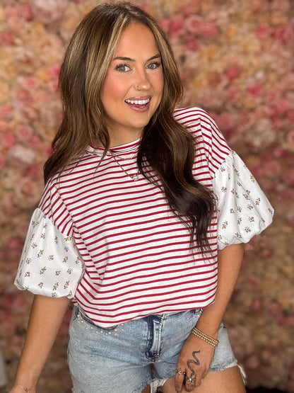Red Stripe Floral Puff Sleeve Top
