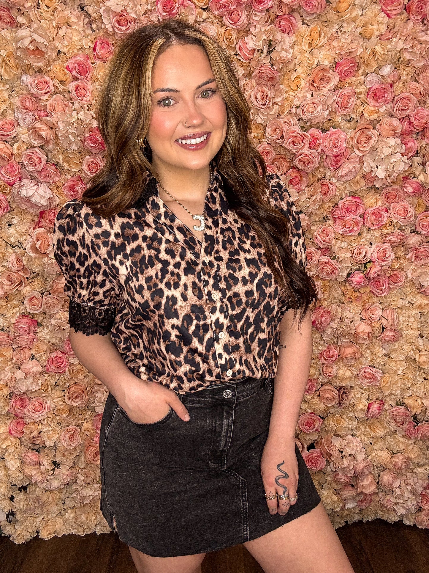 Leopard Button Down Lace Trim Top