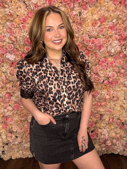 Leopard Button Down Lace Trim Top