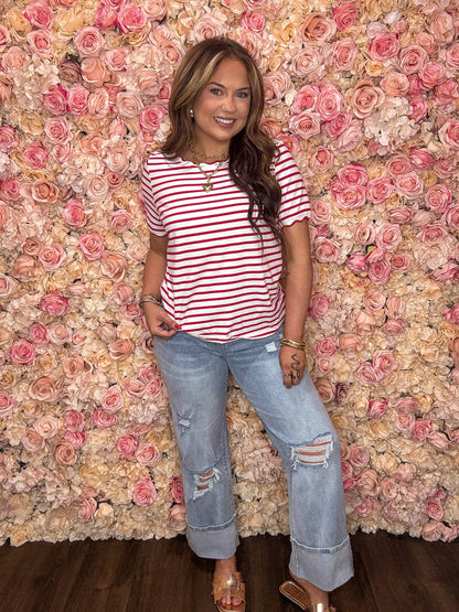Red Stripe Scalloped Trim Tee