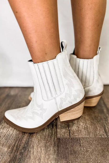 White Embroidered Leather Booties