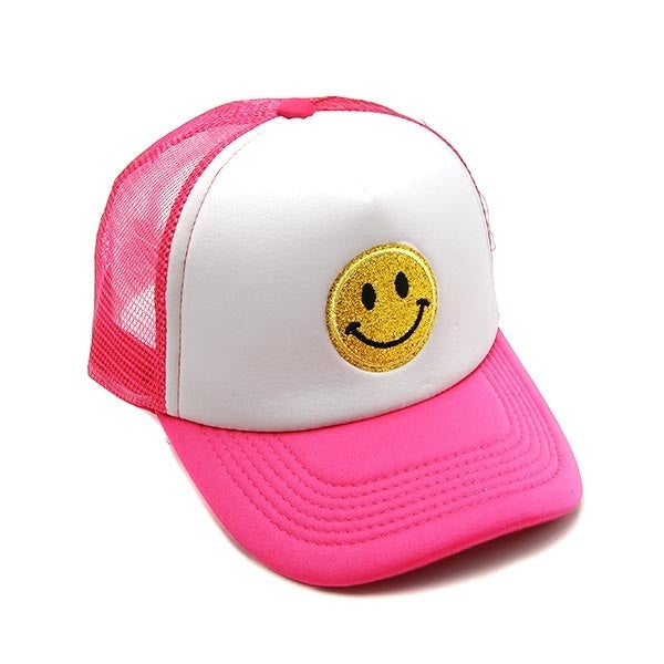 Mesh Glitter Happy Face Trucker Cap Hot Pink