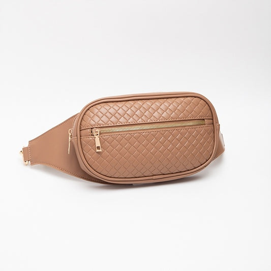 Woven Leather Sling Bag in Tan