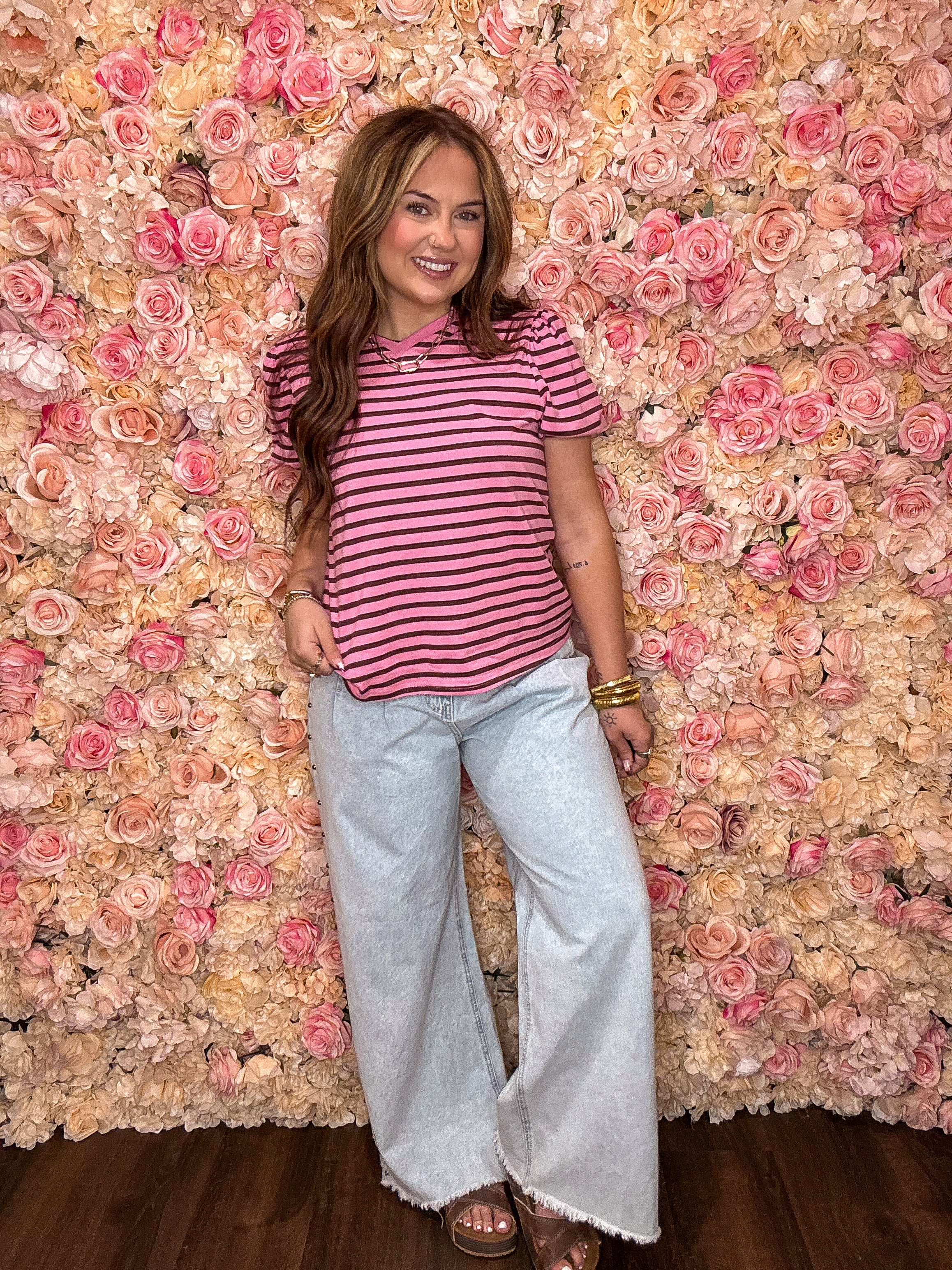 Rose Striped Puff Sleeve Top