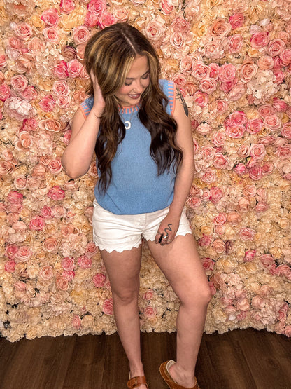 White Scalloped Hemline Acid Wash High Waist Denim Shorts