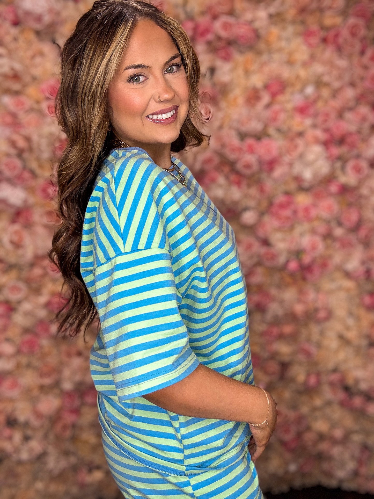 Green and Blue Striped Top and Short Set