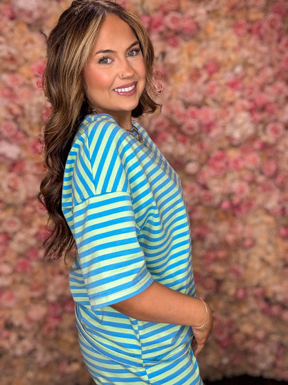 Green and Blue Striped Top and Short Set