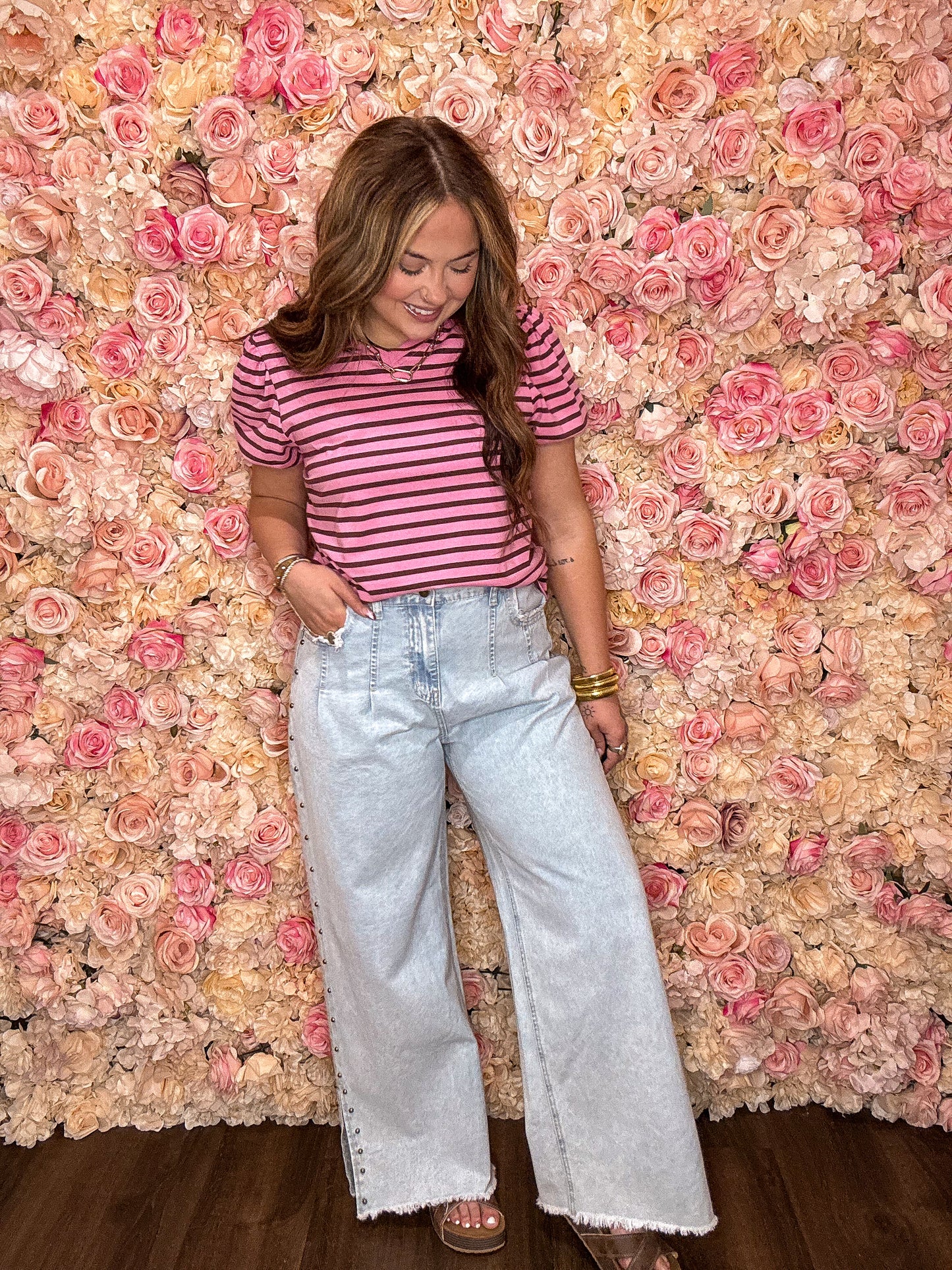 Rose Striped Puff Sleeve Top