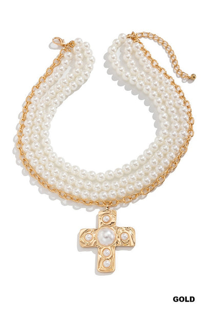 Hammered Cross Layered Pearl Necklace