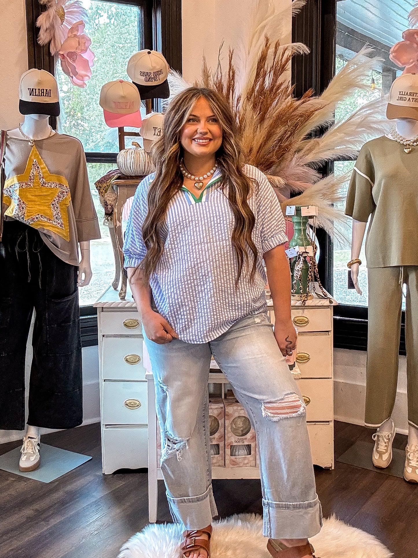 Sky Blue Striped Dolman Sleeve Blouse
