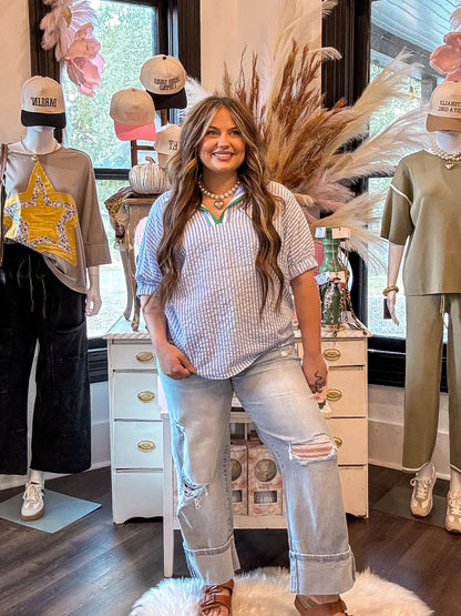 Sky Blue Striped Dolman Sleeve Blouse