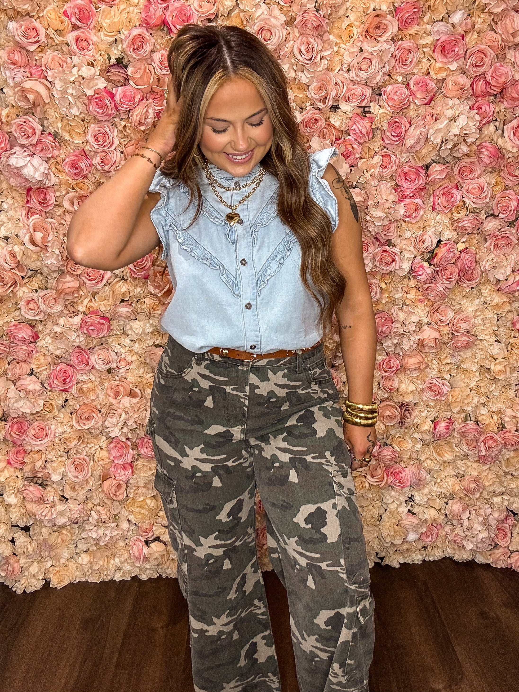 Light Mineral Wash Frilled Button Up Denim Blouse