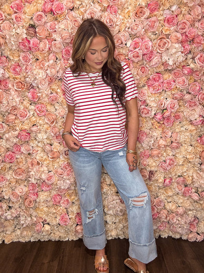 Red Stripe Scalloped Trim Tee