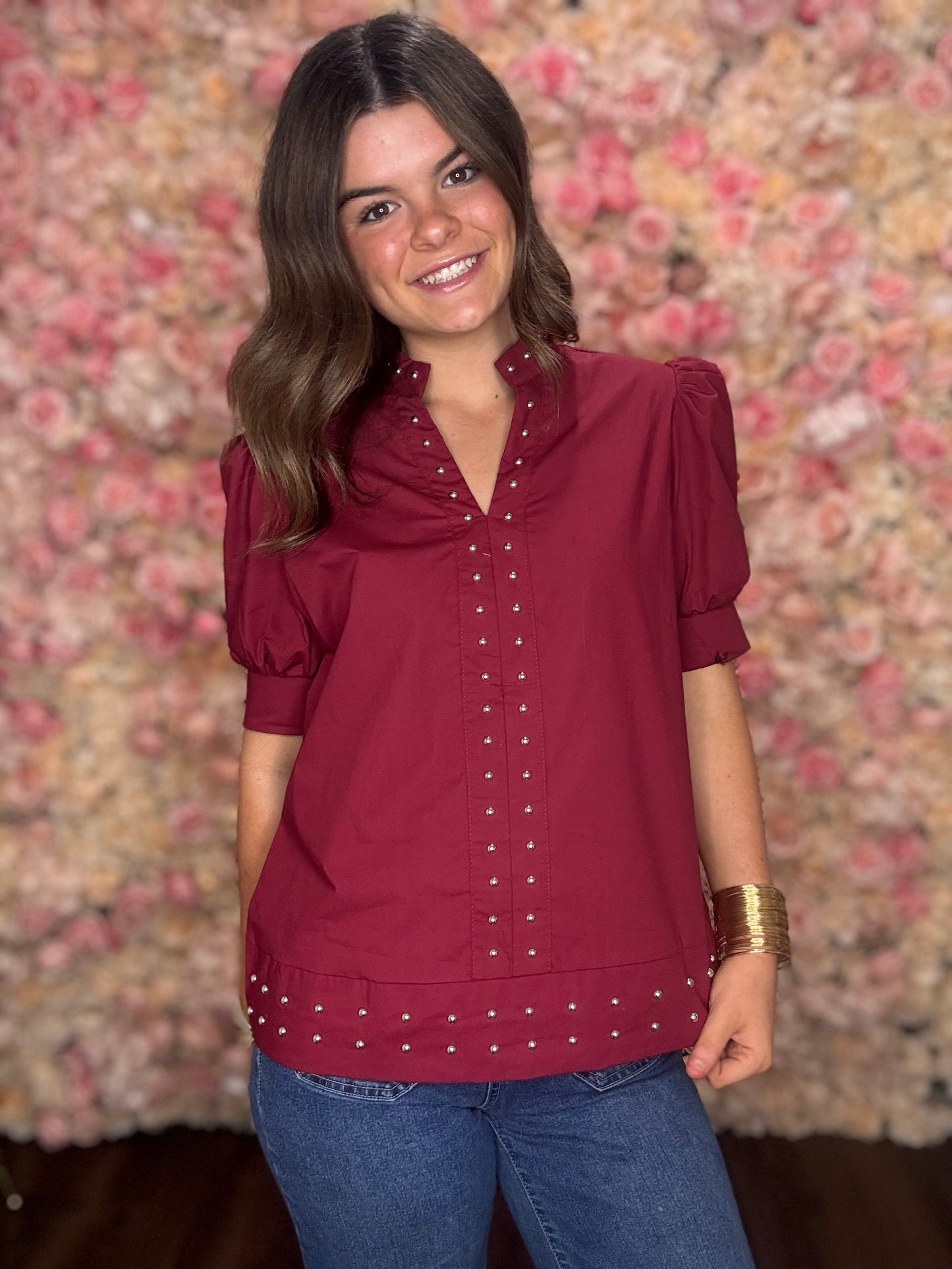 Burgundy Studded Puff Sleeve Blouse