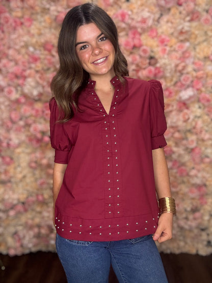 Burgundy Studded Puff Sleeve Blouse