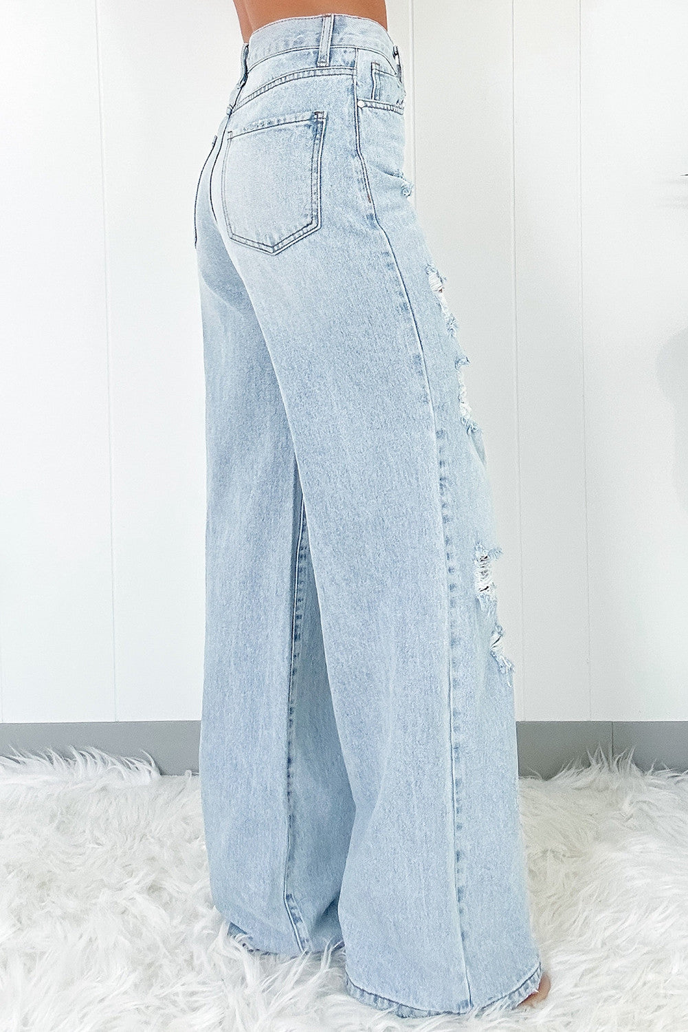 Beau Blue Light Wash Distressed High Waist Wide Leg Jeans