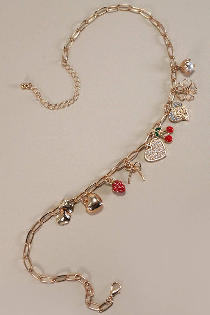 Multi Charm Bow Cherry Heart Neclace