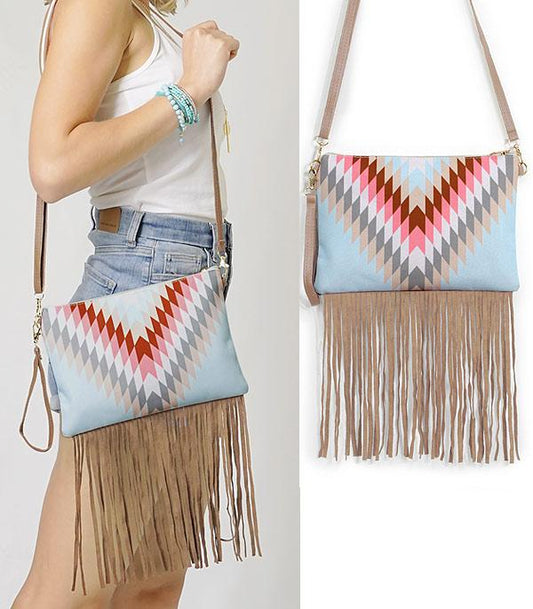 Western Aztec Fringe Crossbody Bag in Light Blue