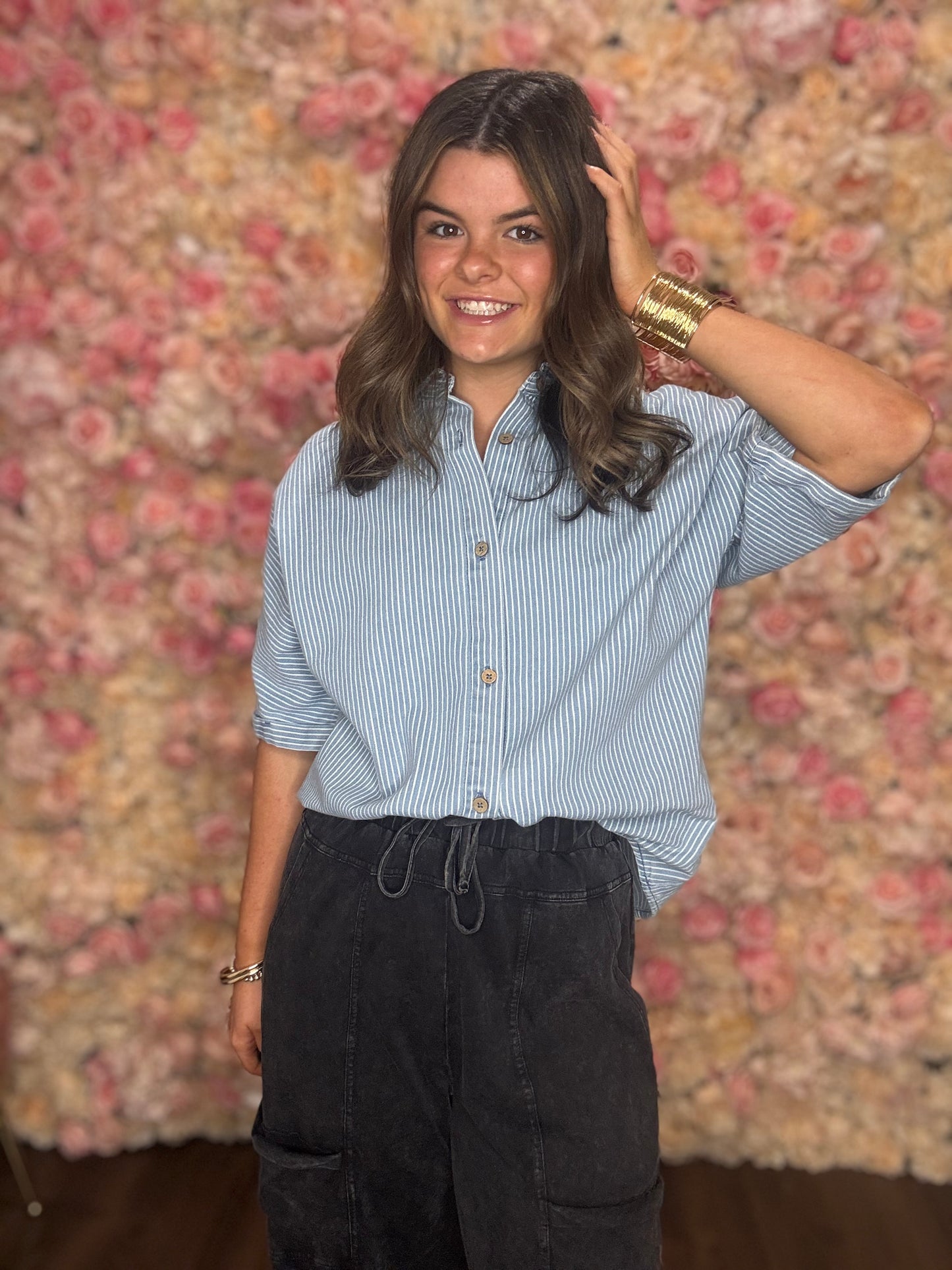 Coastal Stripe Denim Button Up