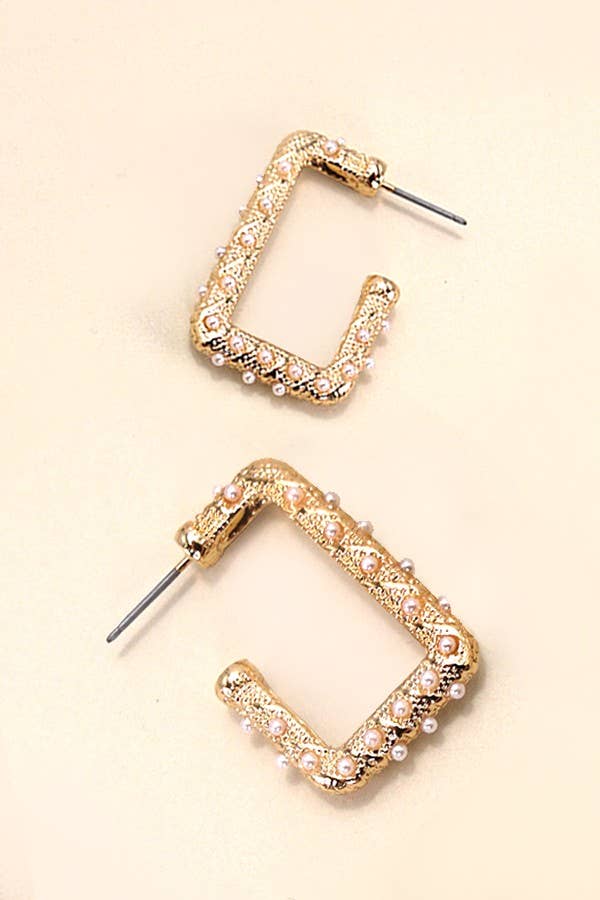 Pearl Gold Mix Rectangle Hoop Earrings