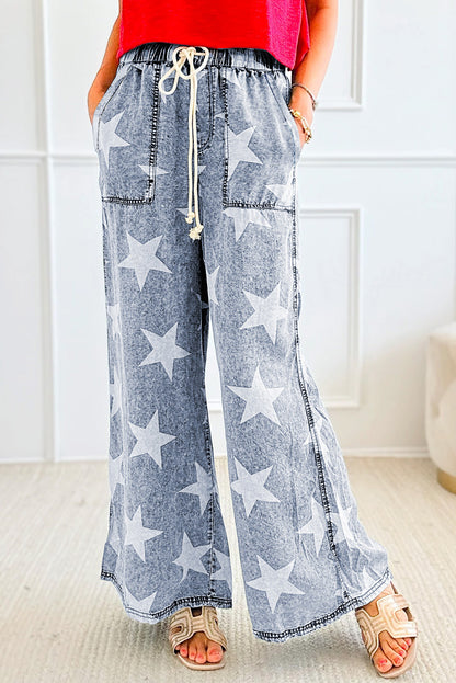 Star Print Light Wash Wide Leg Jeans