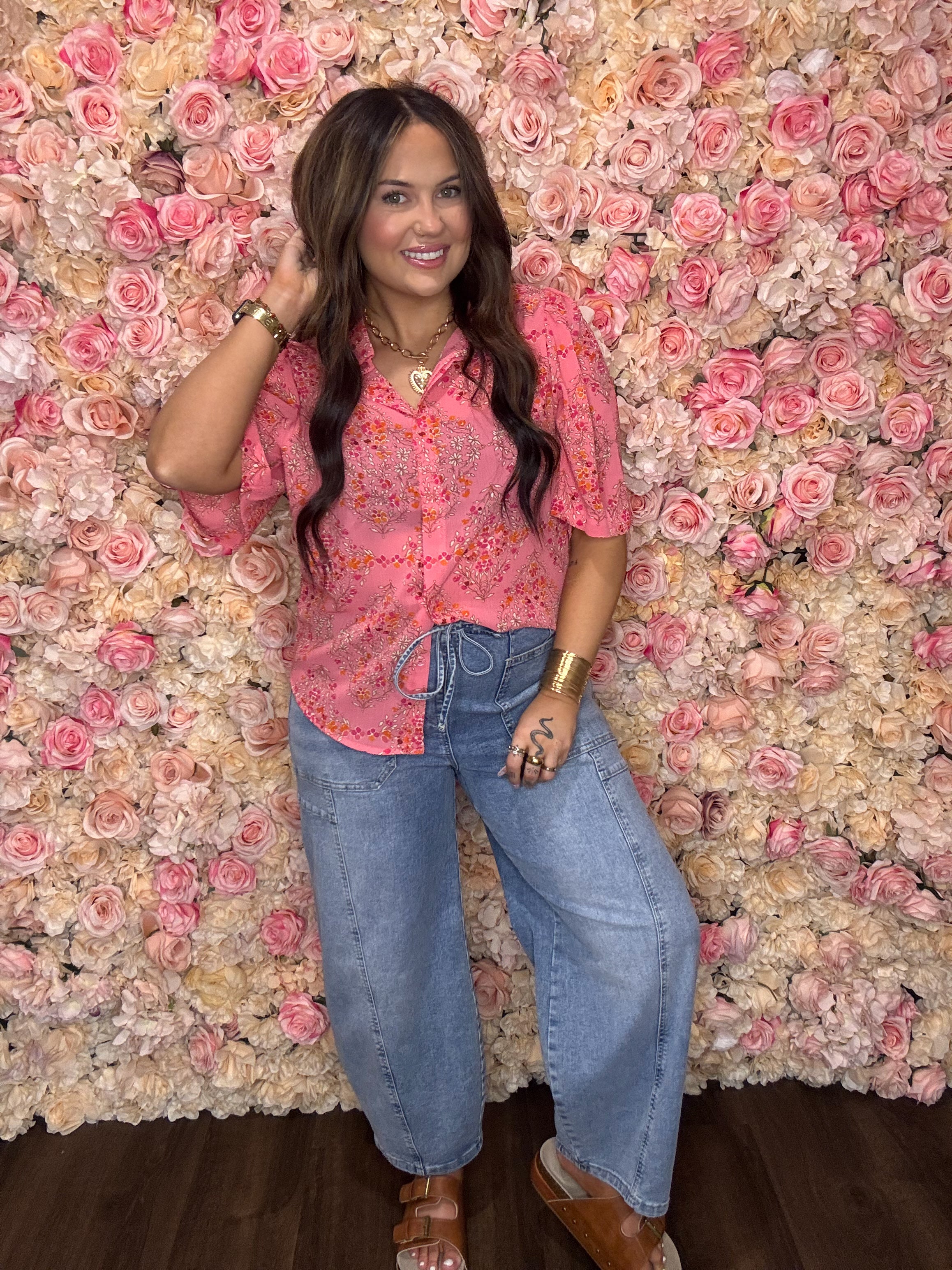 Blush Pink Floral Puff Sleeve Blouse