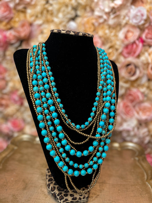 Turquoise and Gold Bead Stacked Necklace
