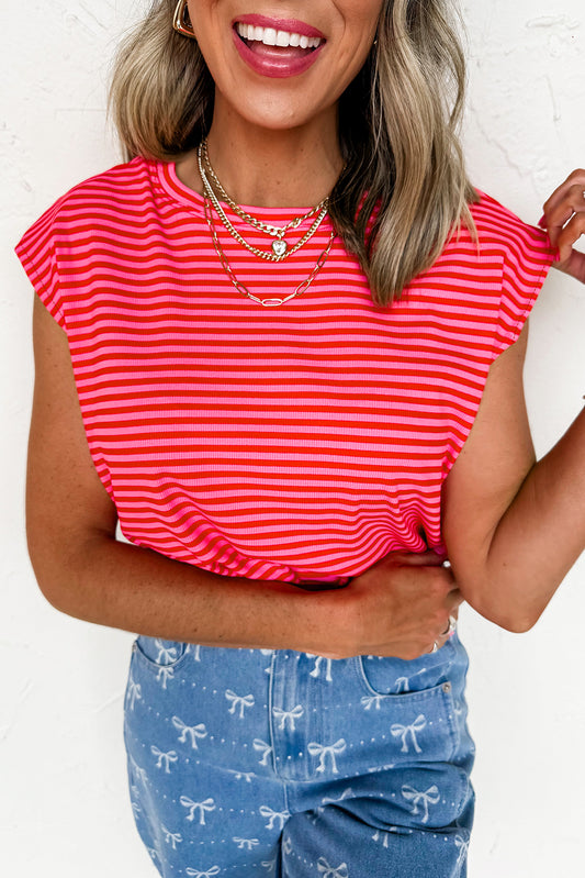 Red Stripe Ribbed Cap Sleeve Tee
