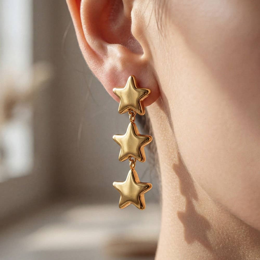 Gold Triple Star Stud Earrings
