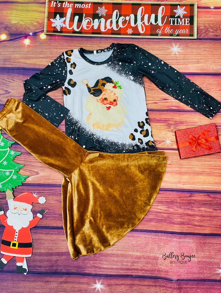 Santa & Leopard Print T-shirt & Velvet Bottom 2pc set