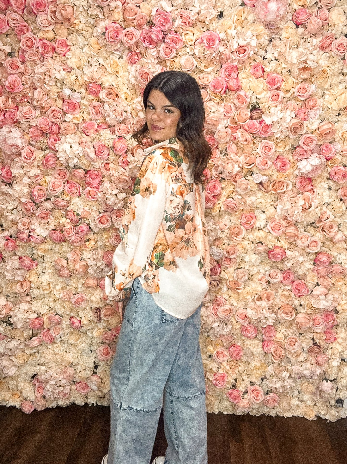 Rustic Orange Floral Puff Sleeve Blouse