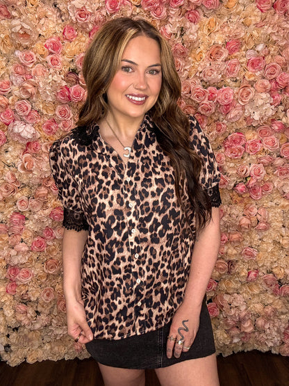 Leopard Button Down Lace Trim Top