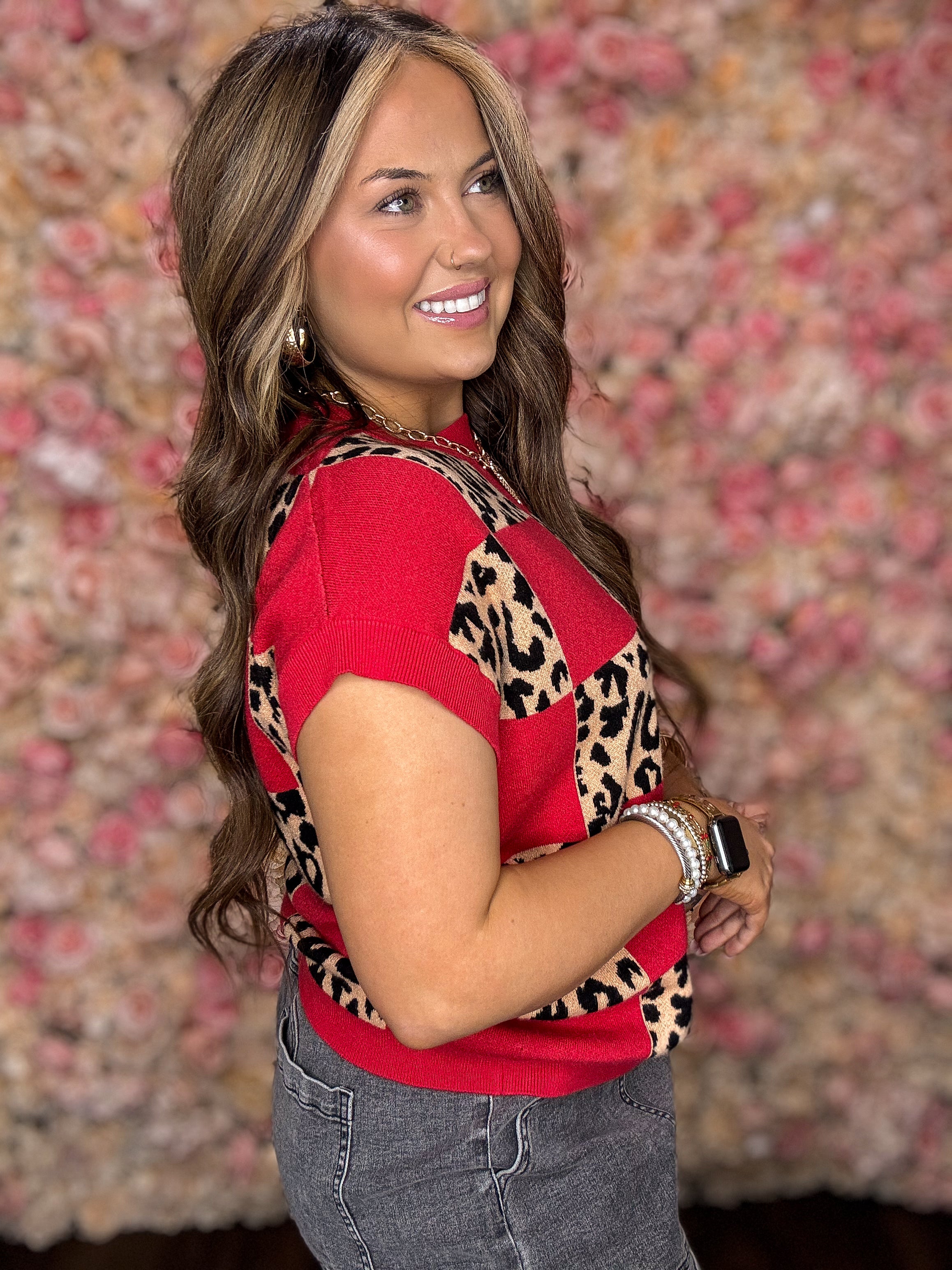 Red Leopard Checkerboard Sweater Top